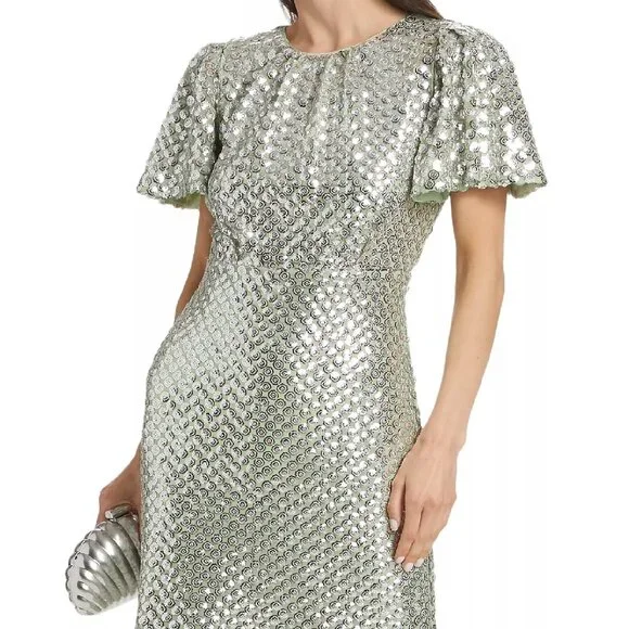 NWT $695 RHODE NICOLETTE SILVER SEQUIN SAGE GREEN MIDI DRESS SIZE 10